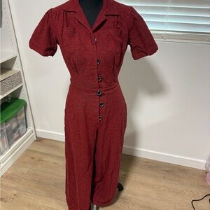 (SM)  Red & Black Cotton Flannel 1940s Pacific Coveralls